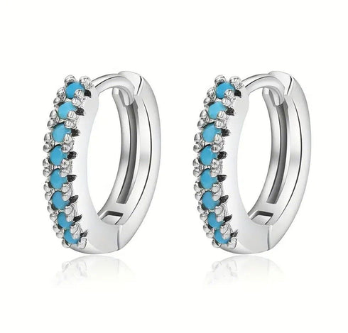 14K White Gold Plated Turquoise Cubic Zirconia Men & Women Huggie Hoop Earrings